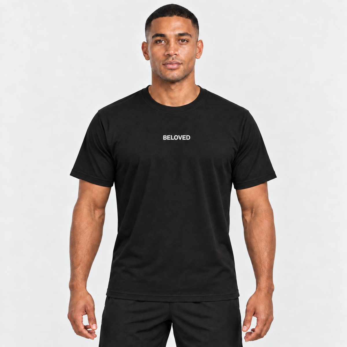 The Process Graphic Tee in black with reflective Beloved lettering