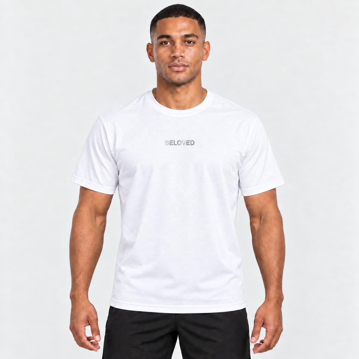 The Process Graphic Tee in white with reflective Beloved lettering