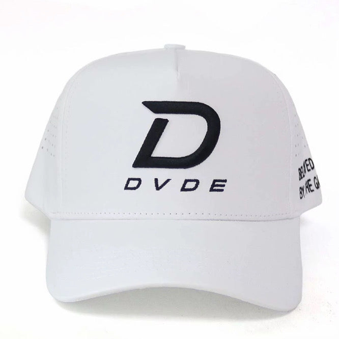 DVDE Performance Hat in white with embroidered DVDE logo